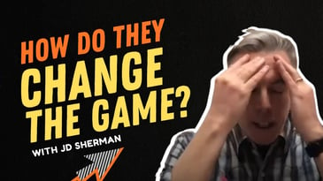 how do they change the game jd sherman roi online podcast thumbnial with orange and yellow text on black background and cut out of older white male putting his hands on his forehead