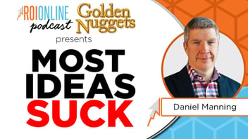 most business ideas suck colorful podcast thumbnail with white baby blue and orange background and red text with cutout of man in a suit to the right 